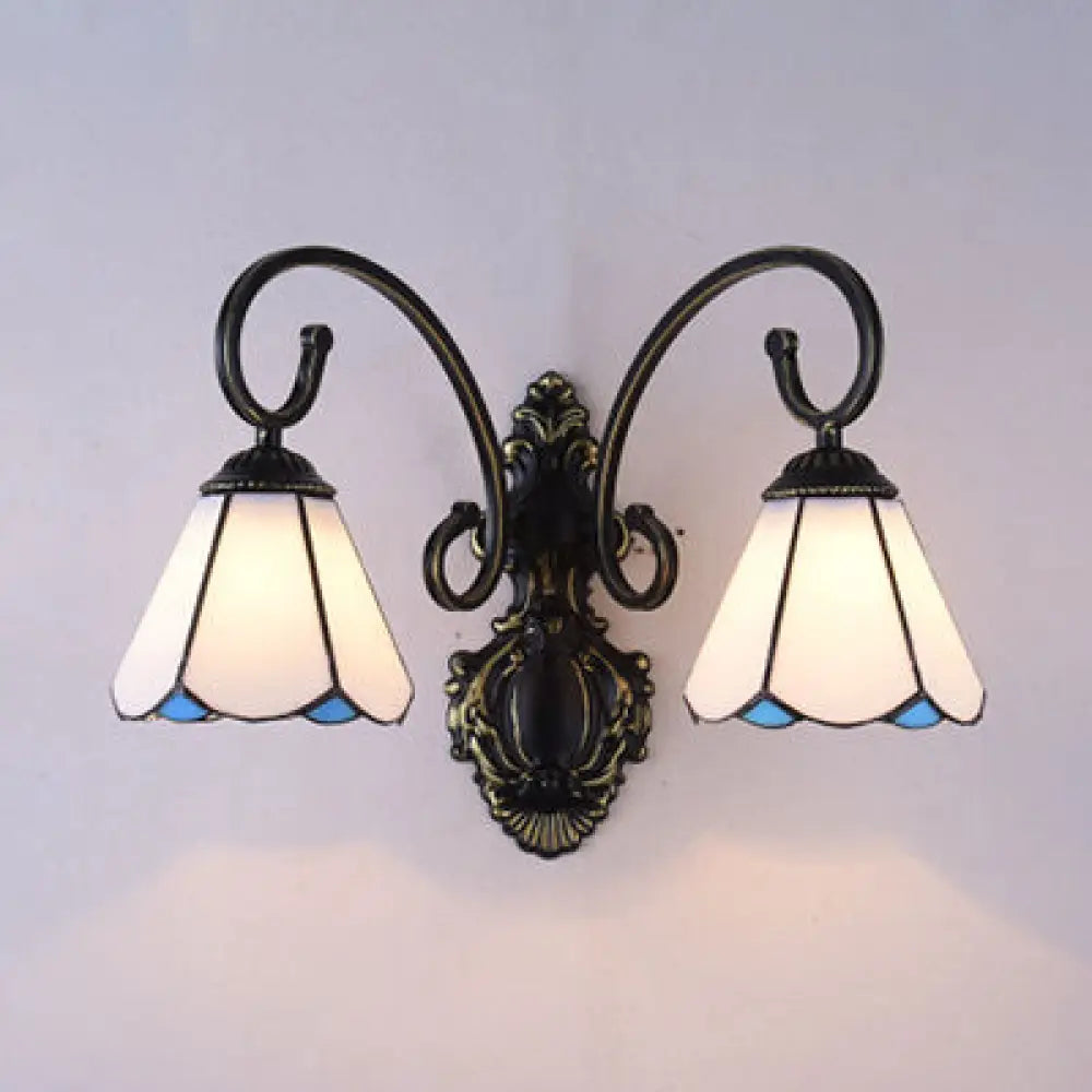 Tiffany Style Wall Mount Light: Stained Glass Cone Fixture With 2 Lights In White/Blue For Corridor