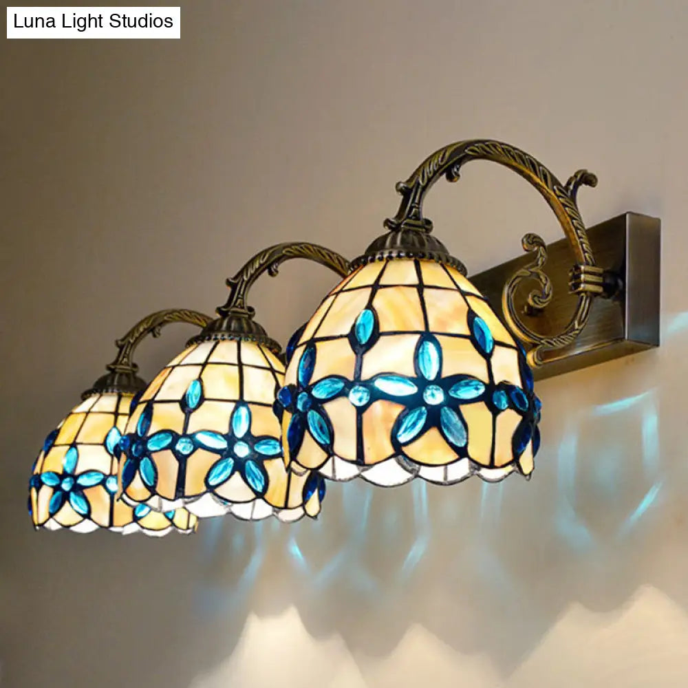 Tiffany Vanity Wall Sconce - Aged Brass With Natural Shell Shade And Mirror Lights