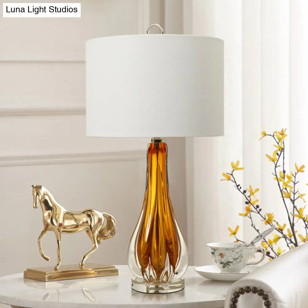 Traditional 1-Light White Fabric Table Lamp With Blue/Gold Vase Base