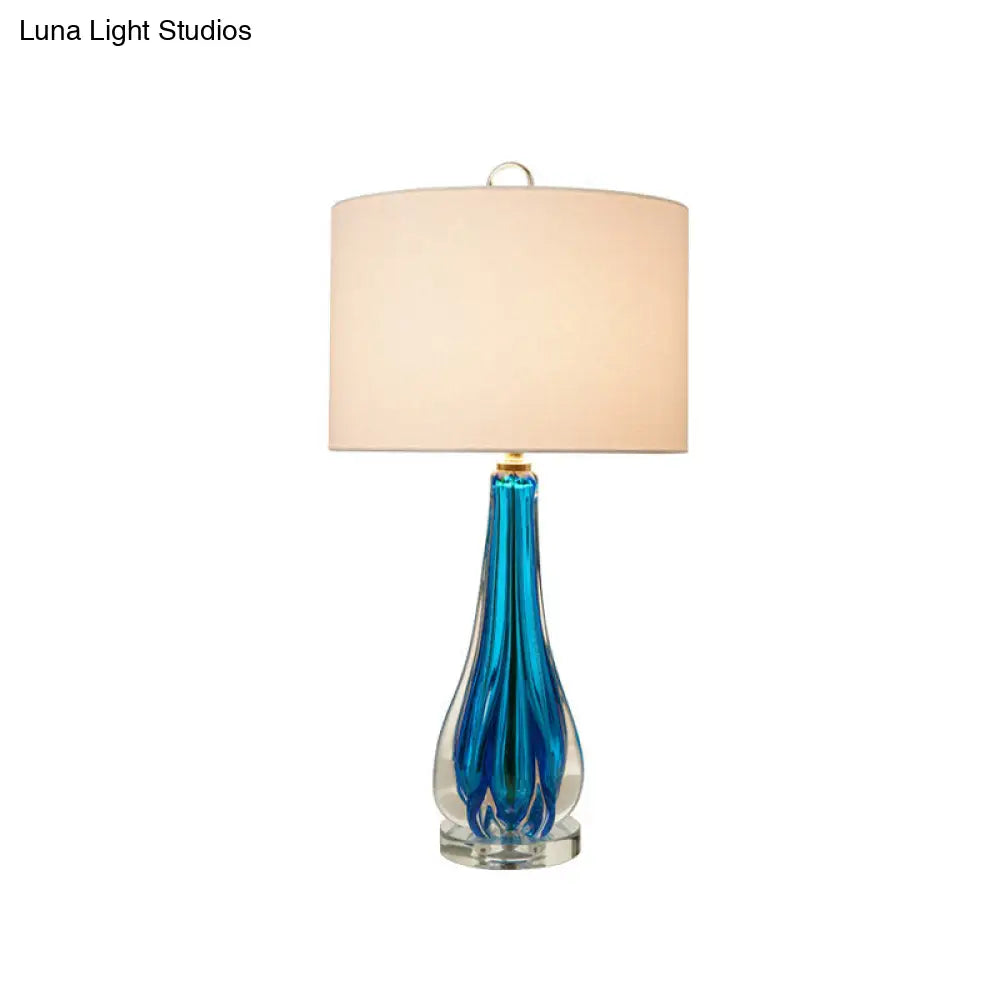 Traditional 1-Light White Fabric Table Lamp With Blue/Gold Vase Base