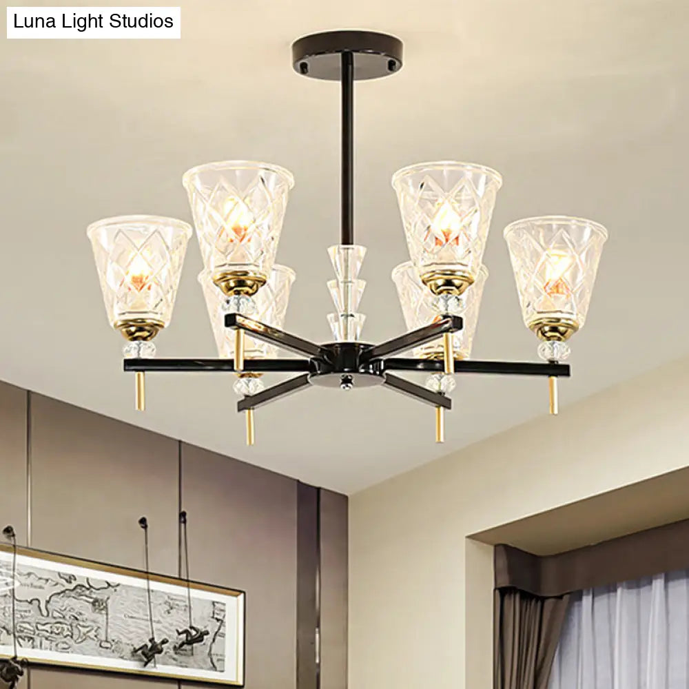 Traditional 3/6-Light Chandelier With Clear Textured Glass Cones - Bedroom Pendant Lamp