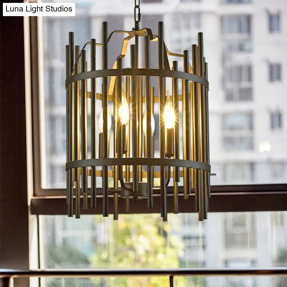 Traditional 4-Light Metal Chandelier - Strapped Cage Design For Dining Room Pendant Lighting