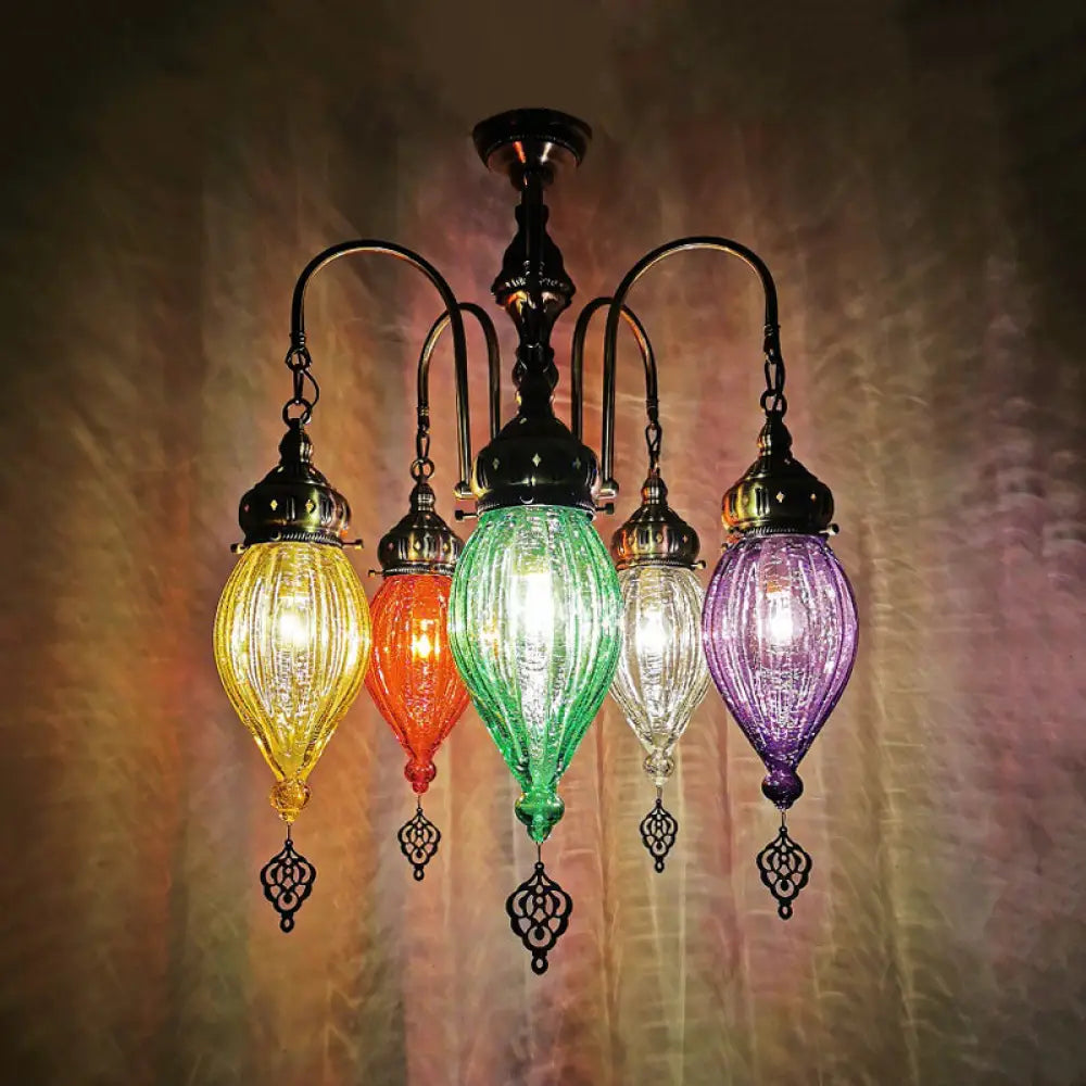 Traditional 5-Head Gourd Chandelier Light With Ribbed Red/Yellow/Green Glass Red