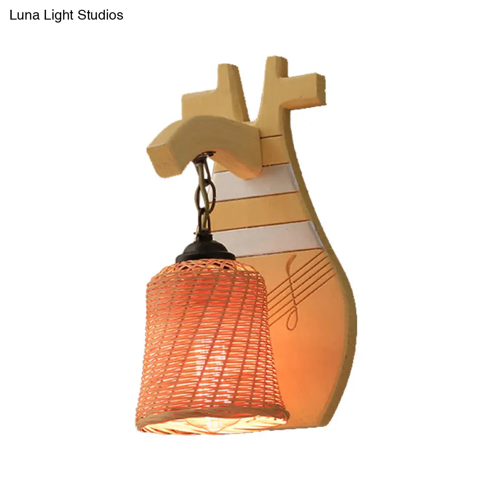 Traditional Bamboo Wall Mounted Lamp With Wood Kettle/Bell/Trumpet Sconce Light 1 Bulb