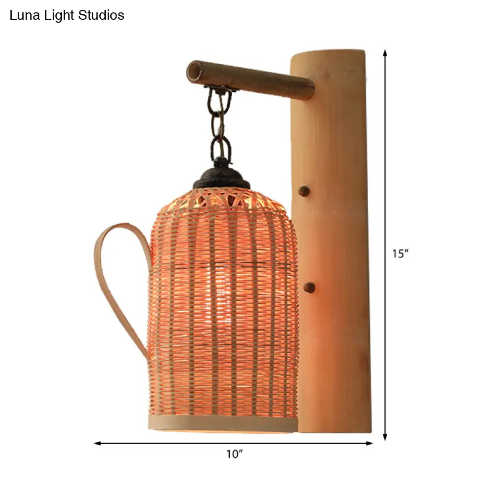 Traditional Bamboo Wall Mounted Lamp With Wood Kettle/Bell/Trumpet Sconce Light 1 Bulb