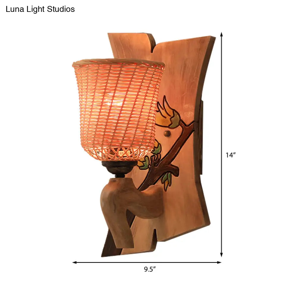 Traditional Bamboo Wall Mounted Lamp With Wood Kettle/Bell/Trumpet Sconce Light 1 Bulb
