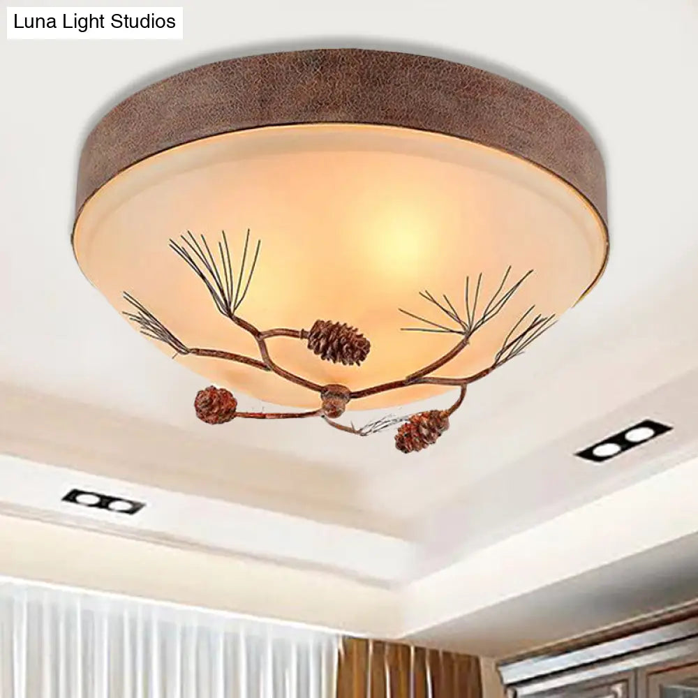 Traditional Beige Ceiling Light Fixture With Frosted Glass Drum Shade - 3 Lights For Bedroom