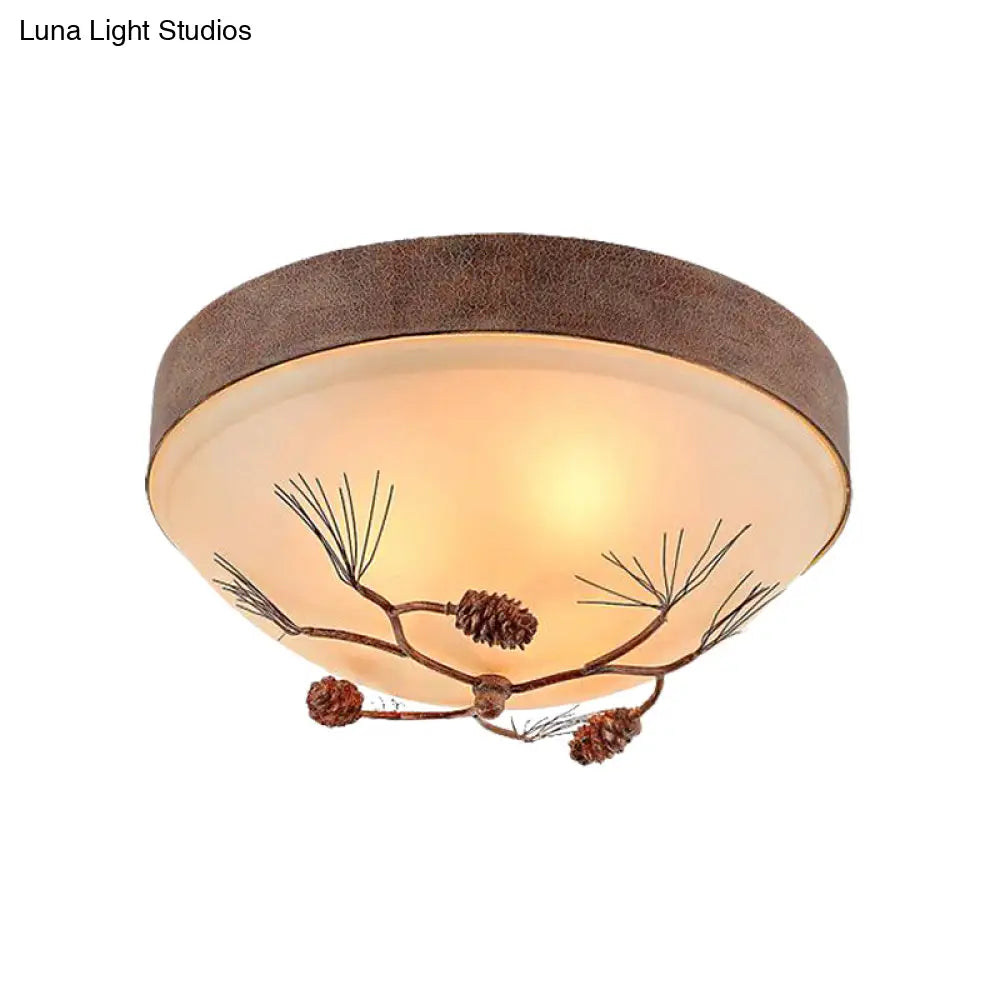 Traditional Beige Ceiling Light Fixture With Frosted Glass Drum Shade - 3 Lights For Bedroom