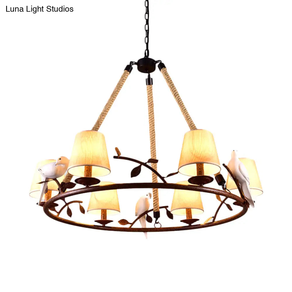 Traditional Beige Chandelier With 6 Lights And Cone Shade - Fabric Wagon Wheel Pendant Lamp
