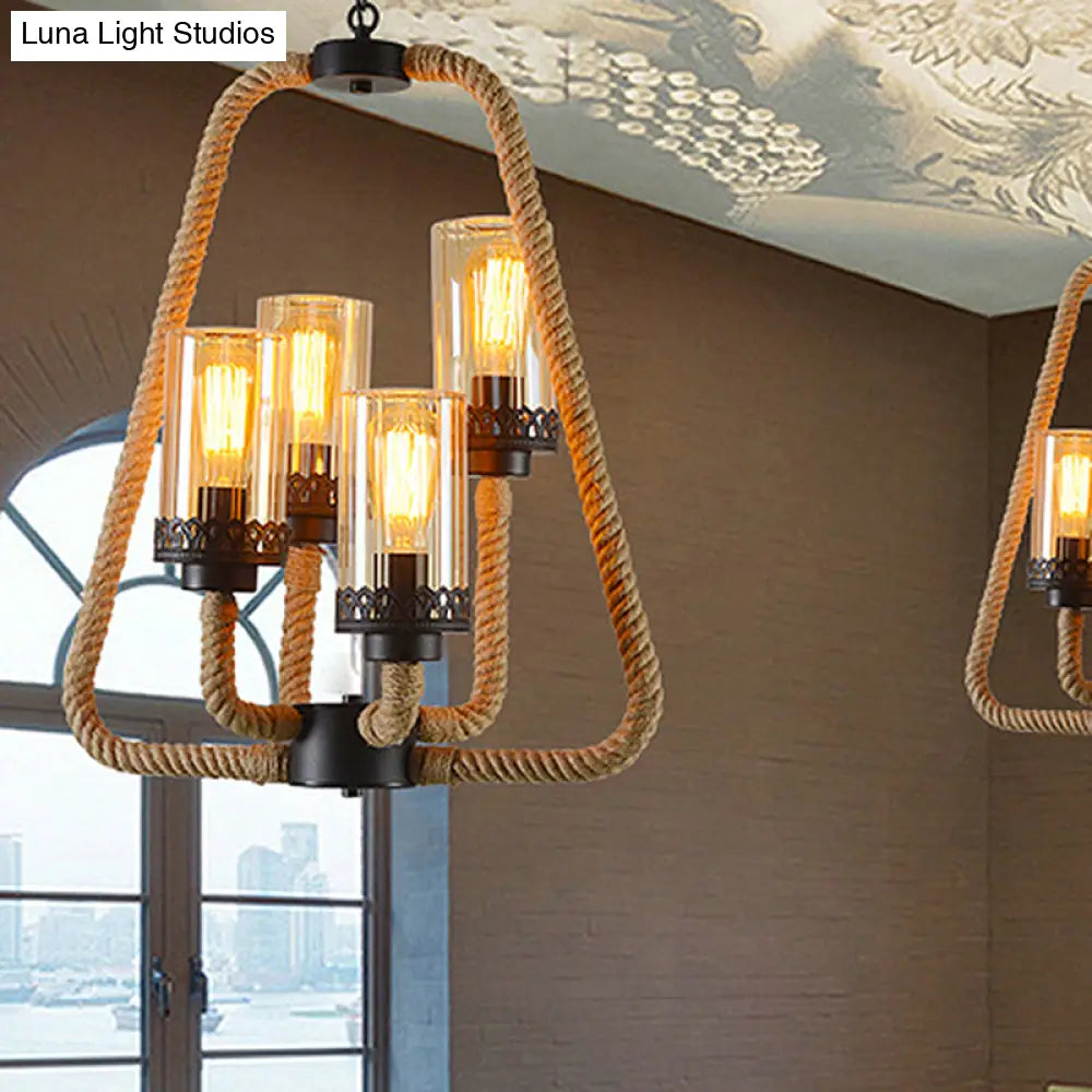 Traditional Beige Pendant Chandelier With 4 Lights And Rope-Glass Cylinder Design