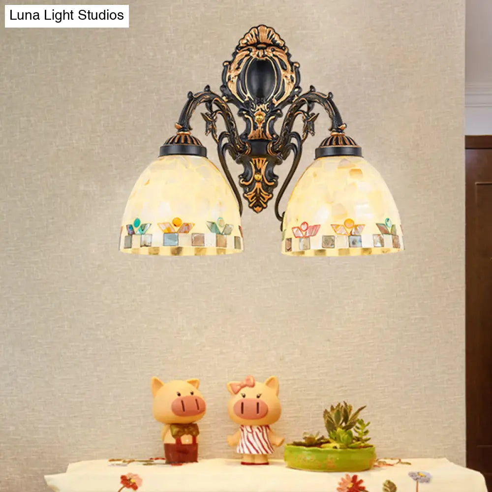 Traditional Beige Shell Bowl Wall Sconce Lighting - 2 Head Mount Light For Bedroom