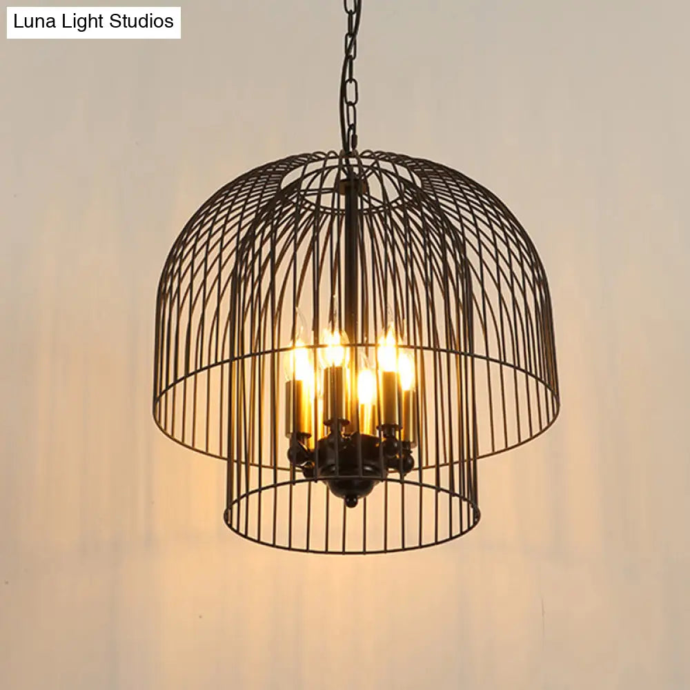 Traditional Black 6-Light Chandelier Pendant Lamp - Metal Wire Cage Fixture For Living Room