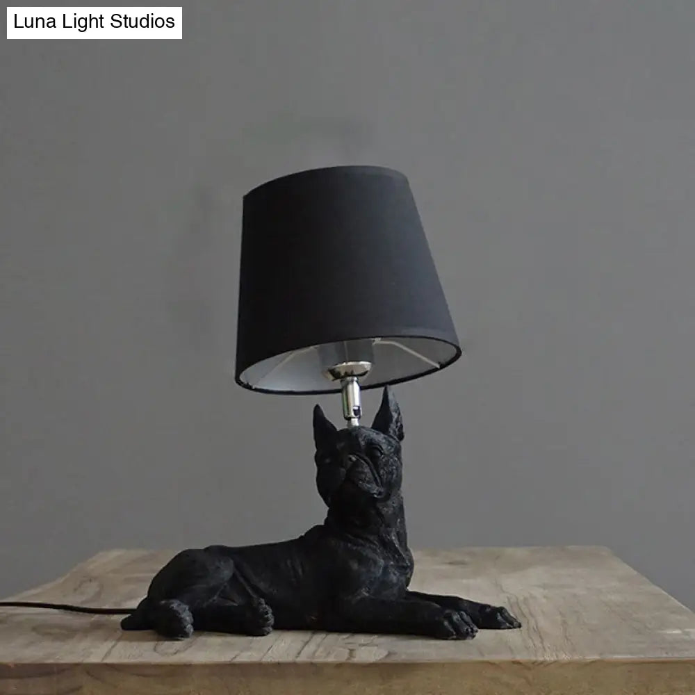 Traditional Black Drum Nightstand Lamp: Fabric Table Light With Resin Dog Base