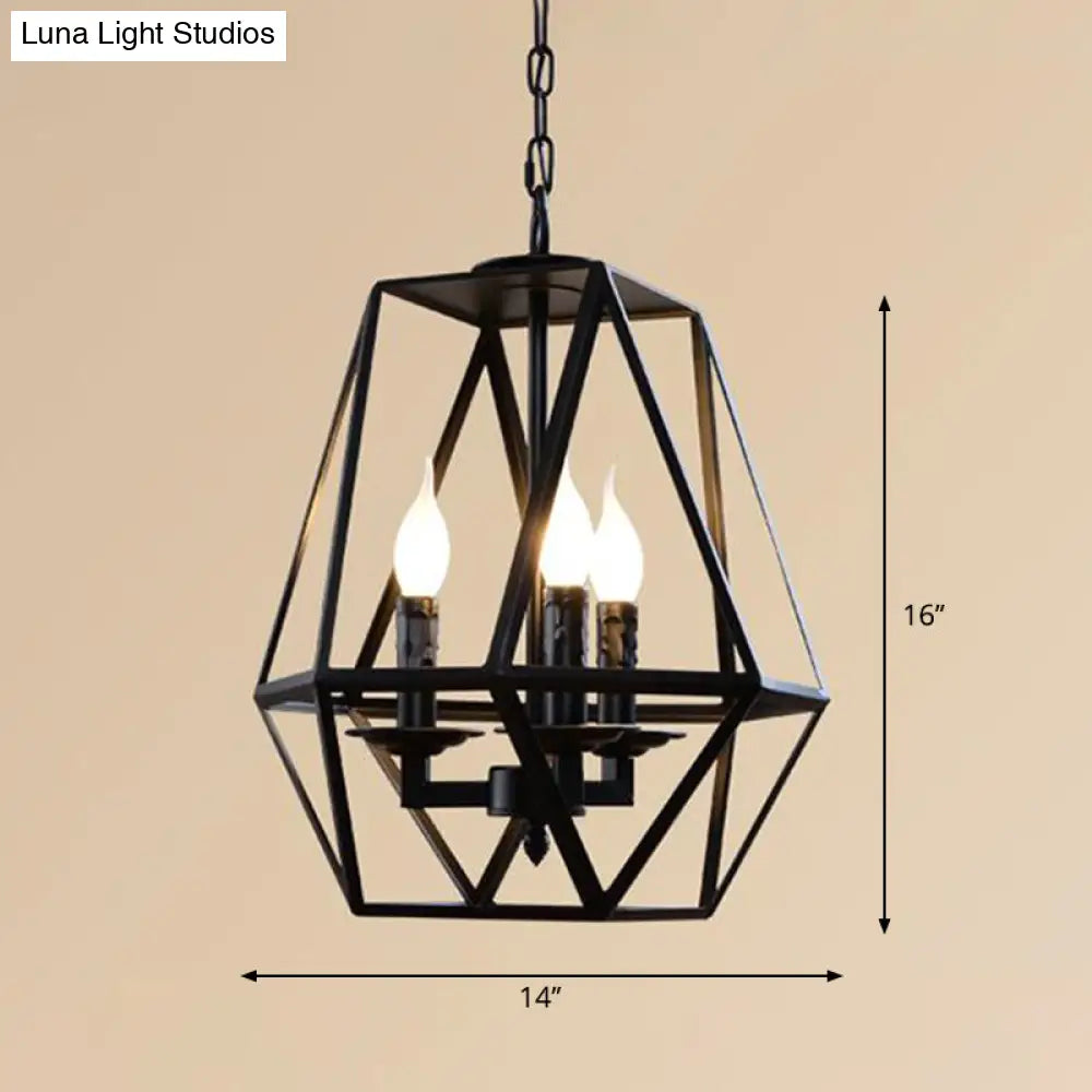 Traditional Black Metal Geometric Chandelier: 3/4 Light Living Room Hanging Lamp