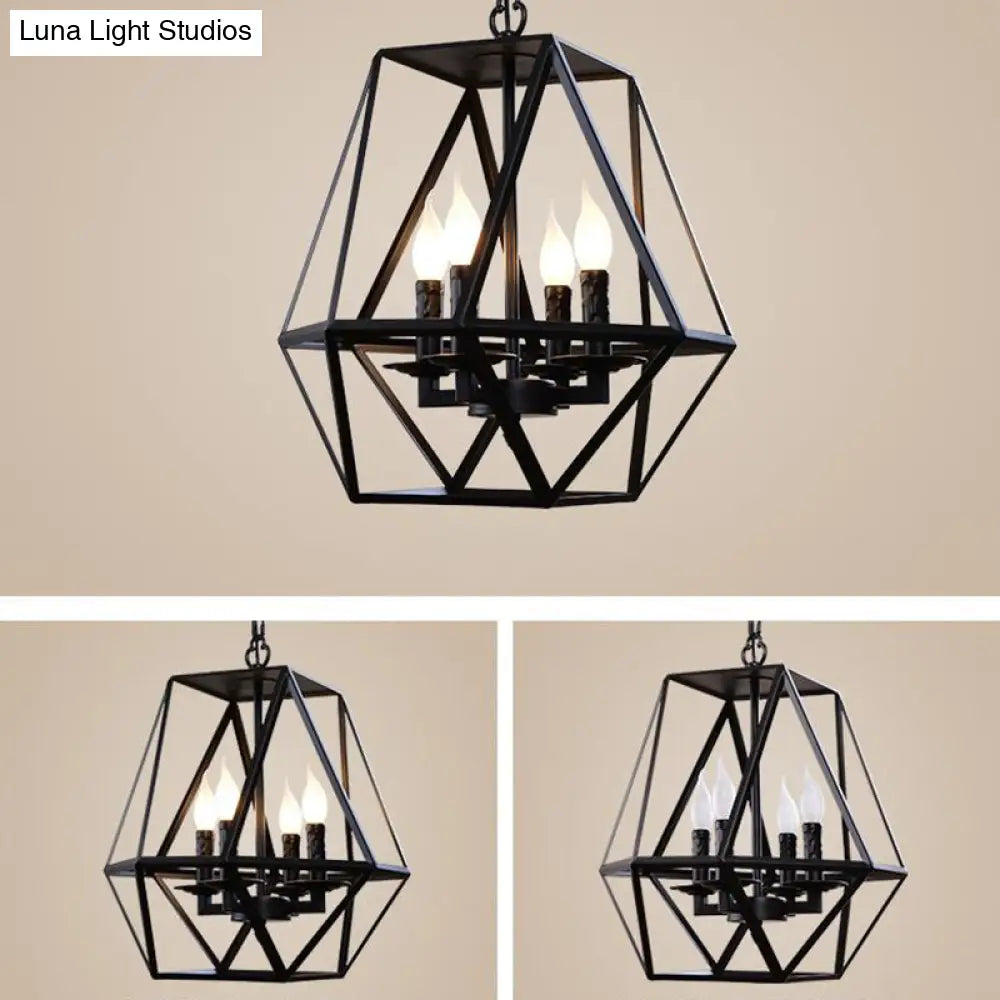 Traditional Black Metal Geometric Chandelier: 3/4 Light Living Room Hanging Lamp