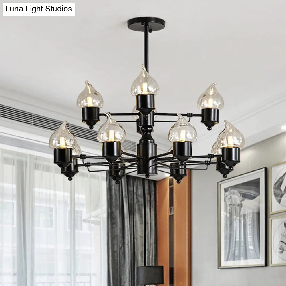 Traditional Black Two-Tiered Pendant Chandelier With 12 Candle Shades - Metal Hanging Fixture For