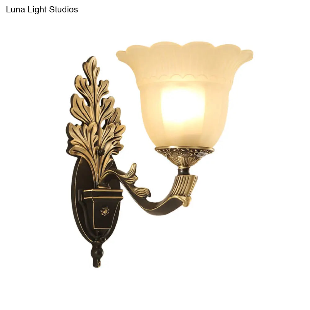 Traditional Blossom Frosted Glass Wall Sconce With Curvy Arm In Black For Hallway Lighting