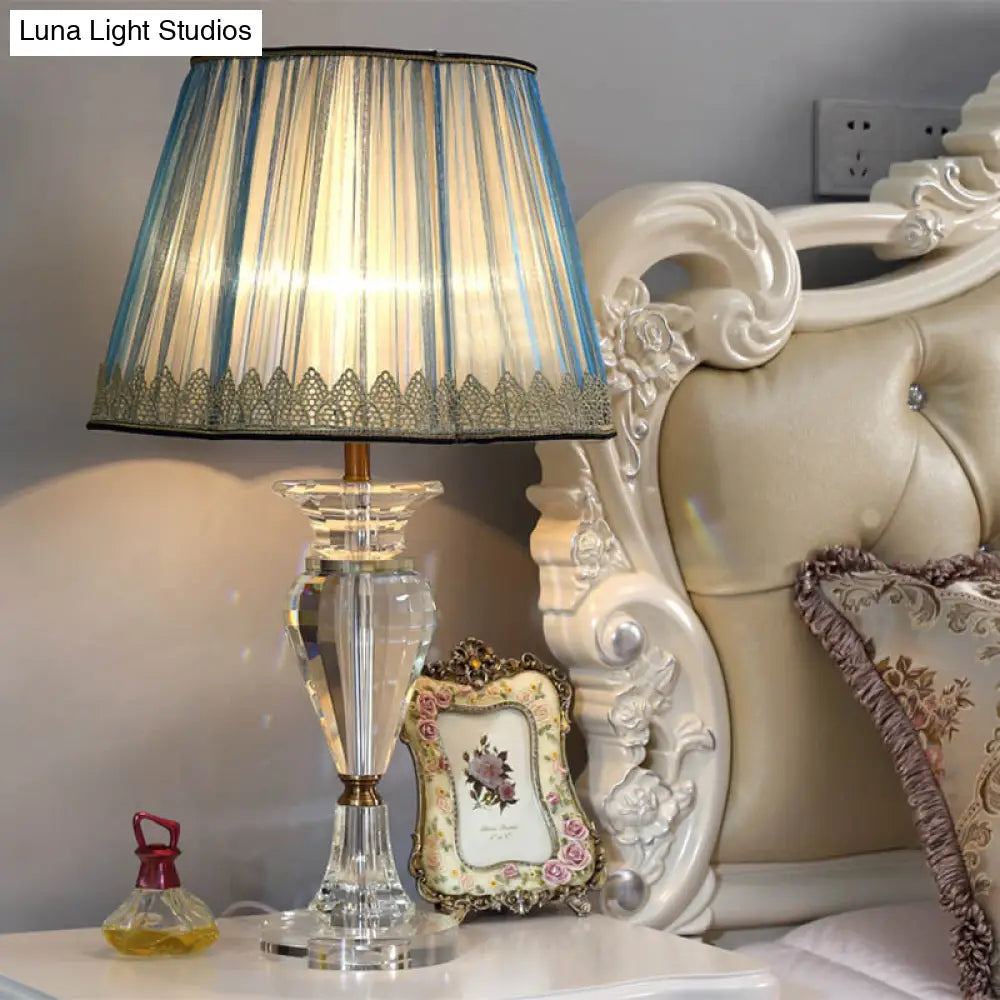 Traditional Blue Fabric Nightstand Lamp With Crystal Base - 1 Light Barrel Design