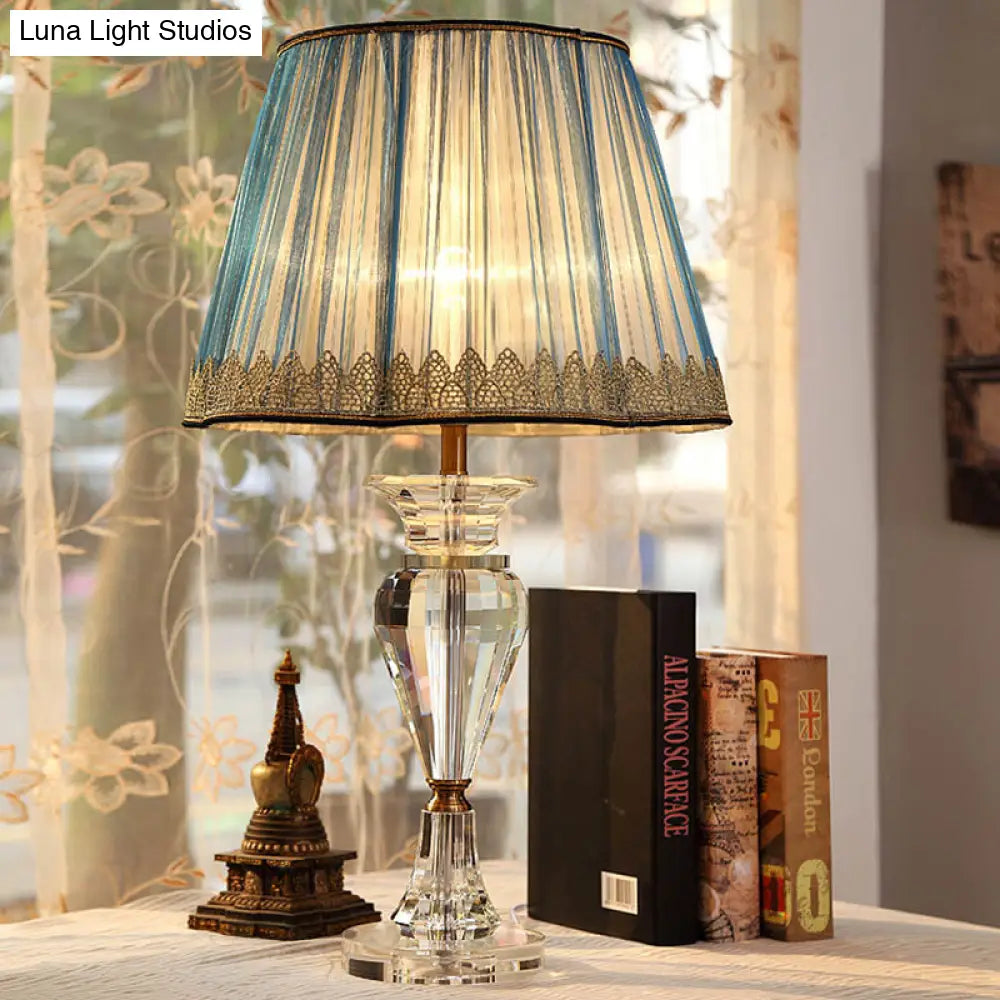 Traditional Blue Fabric Nightstand Lamp With Crystal Base - 1 Light Barrel Design