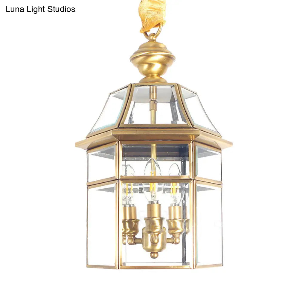 Traditional Brass Cage Chandelier With Clear Glass Bulbs - 3 Bulb Suspended Ceiling Lighting Fixture