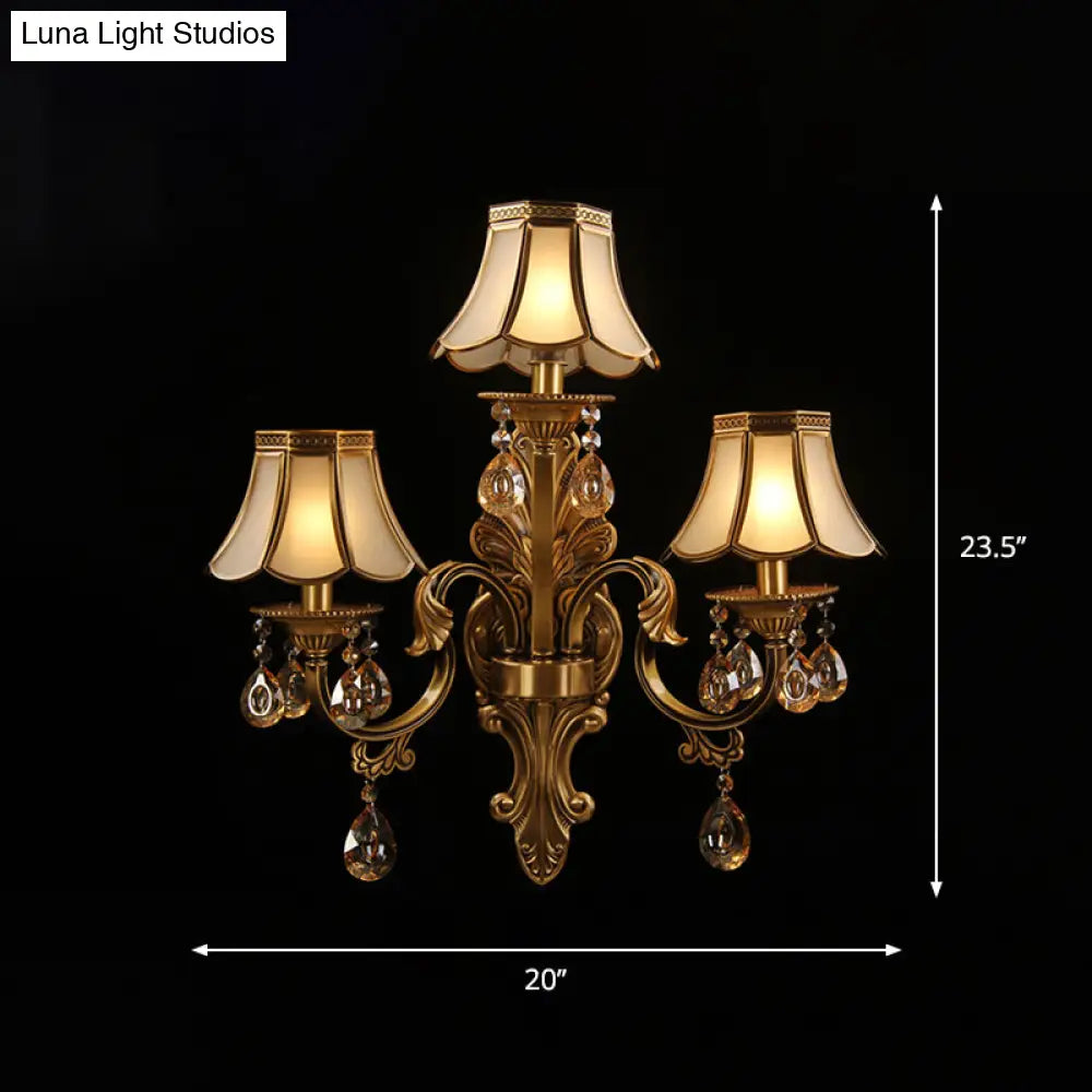 Traditional Brass Finish Scalloped Wall Sconce With Frosted Glass And Crystal Deco - 3 Heads