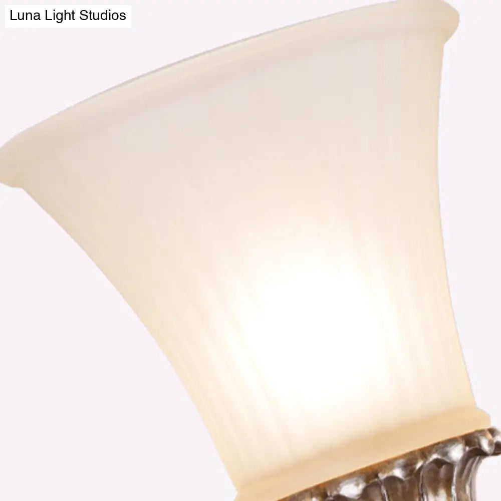 Traditional Brass Wall Sconce Lamp With 2 Curvy Arm Lights And Bell White Glass Shade