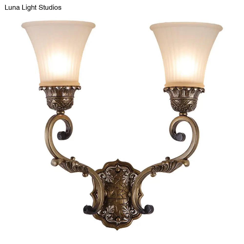 Traditional Brass Wall Sconce Lamp With 2 Curvy Arm Lights And Bell White Glass Shade