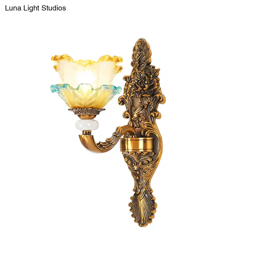 Traditional Brass Wall Sconce With Yellow And Blue Glass Accents Lettuce-Edge Mount Lamp 1/2-Head