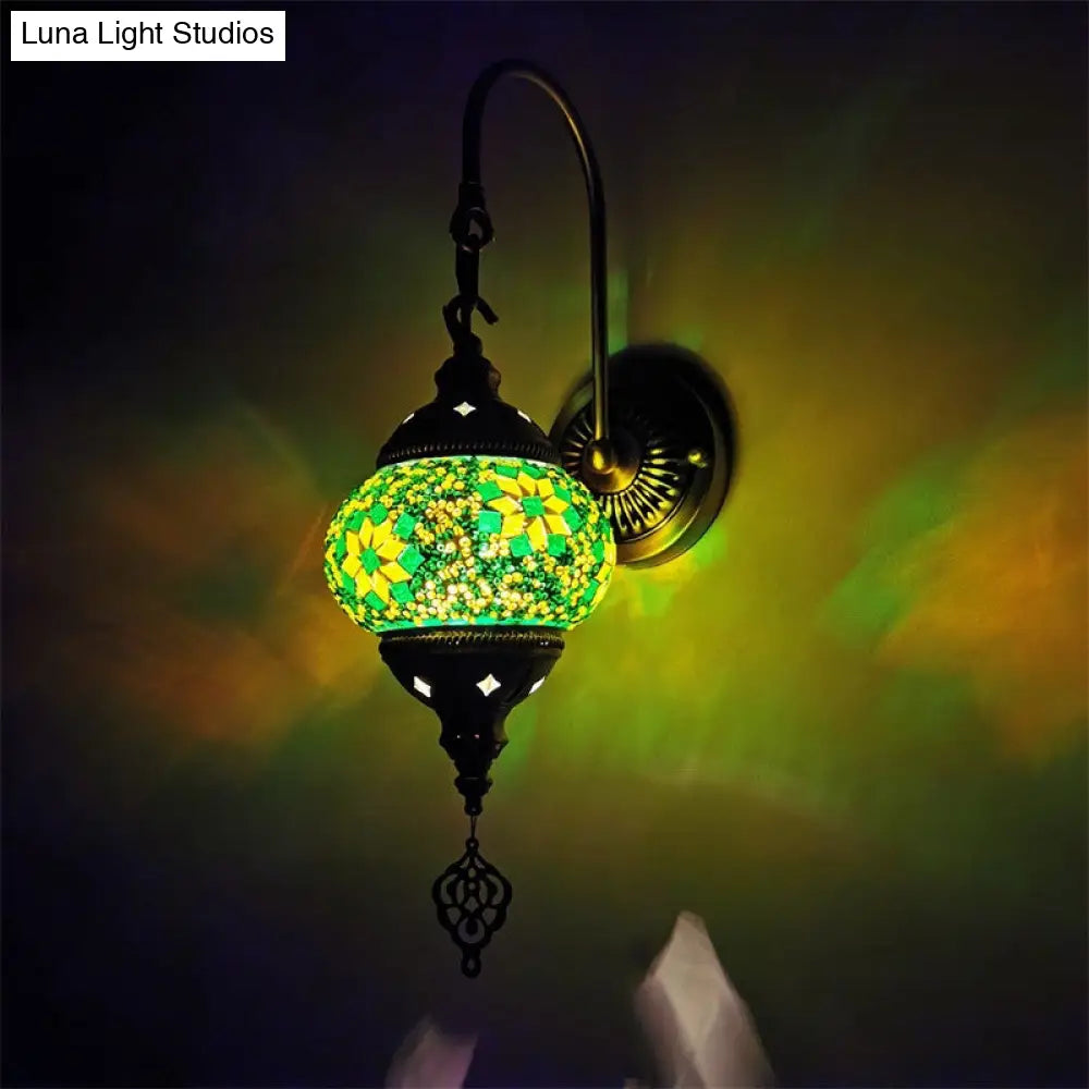 Traditional Bronze 1-Bulb Armed Wall Sconce Light With Global Green Glass Shade