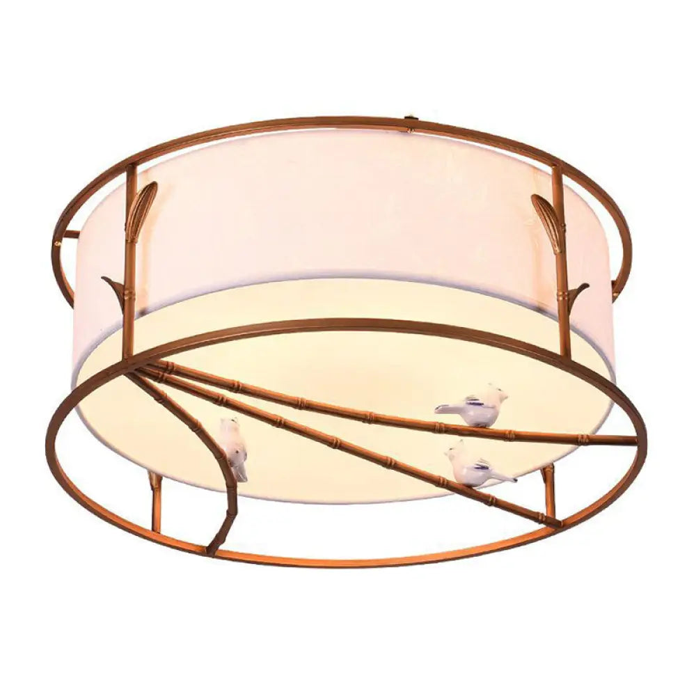 Traditional Brown Drum Ceiling Flush Lighting - Fabric Shade Multiple Sizes Heads Bedroom Mount Lamp