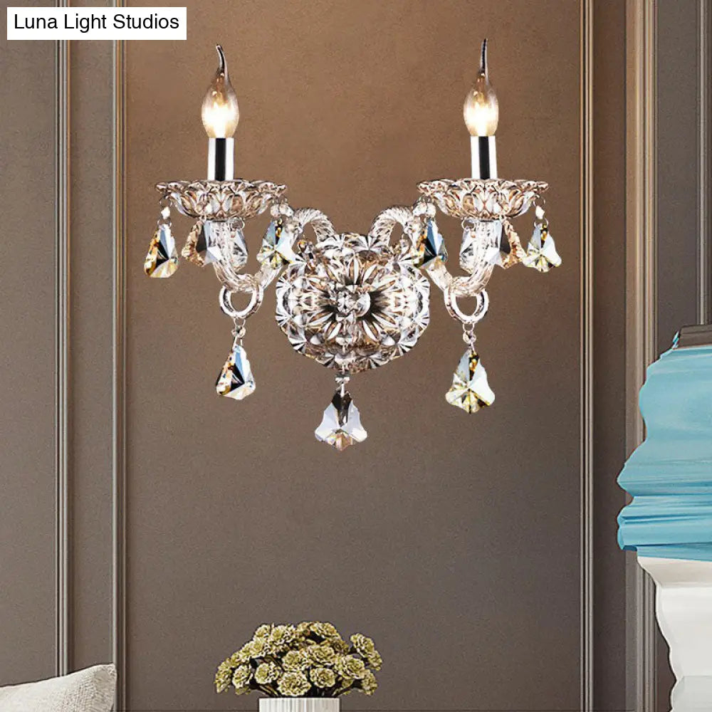 Traditional Cognac Crystal Wall Sconce Light Fixture For Bedroom - 2-Head Candle