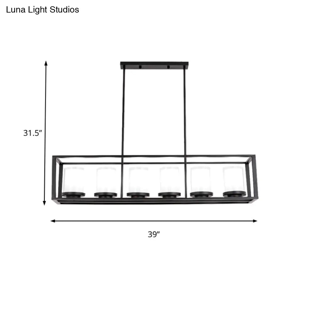 Traditional Cylinder Glass Island Light With Black Rectangle Frame - 3/6 Lights Dining Room Hanging