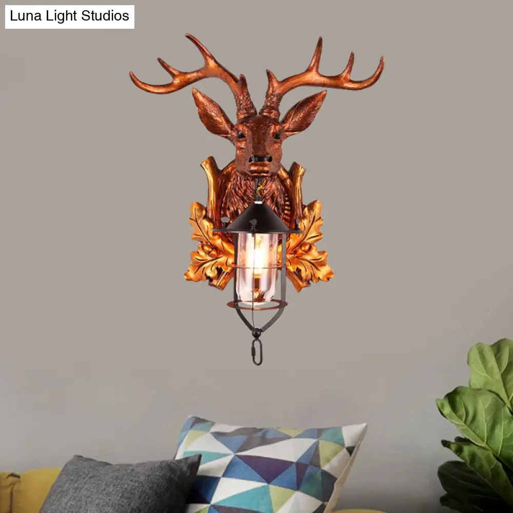 Traditional Deer Head Wall Sconce Lighting: 1-Light Resin Lamp In Brown With Stylish Cage Fixture