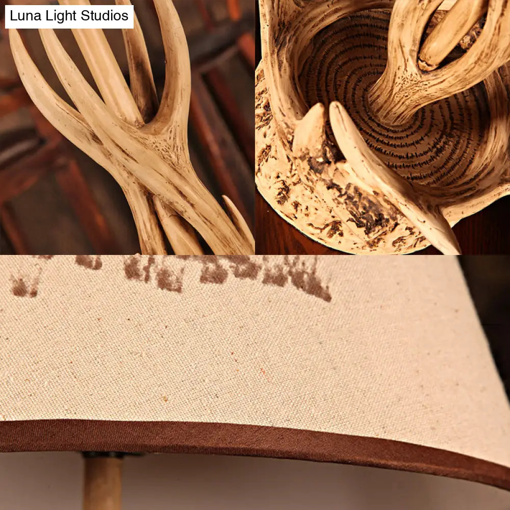 Traditional Drum Resin 1-Light Desk Lamp In Wood With Branch Base For Bedroom