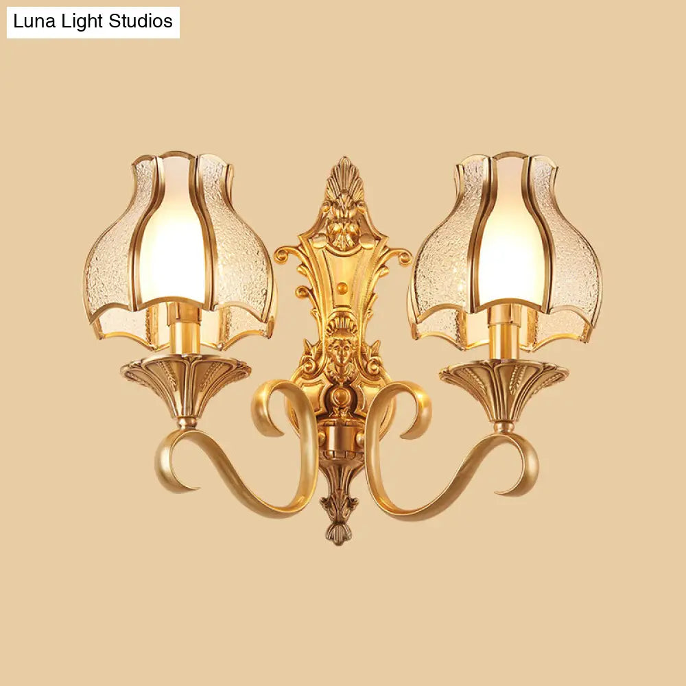 Traditional Floral Wall Mount Light Fixture With Gold Ripple Glass