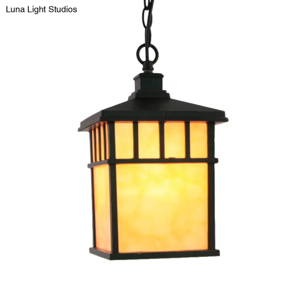 Traditional Frosted Glass Lantern Pendant: 1-Light Black Suspension Light For Corridors