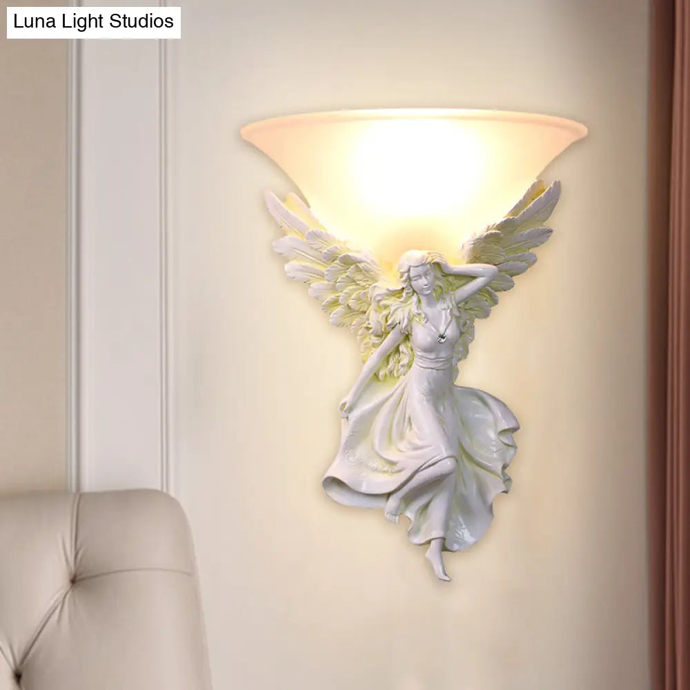 Traditional Frosted Glass Wall Sconce With Angel Backplate In White/Gold - 1 Bulb