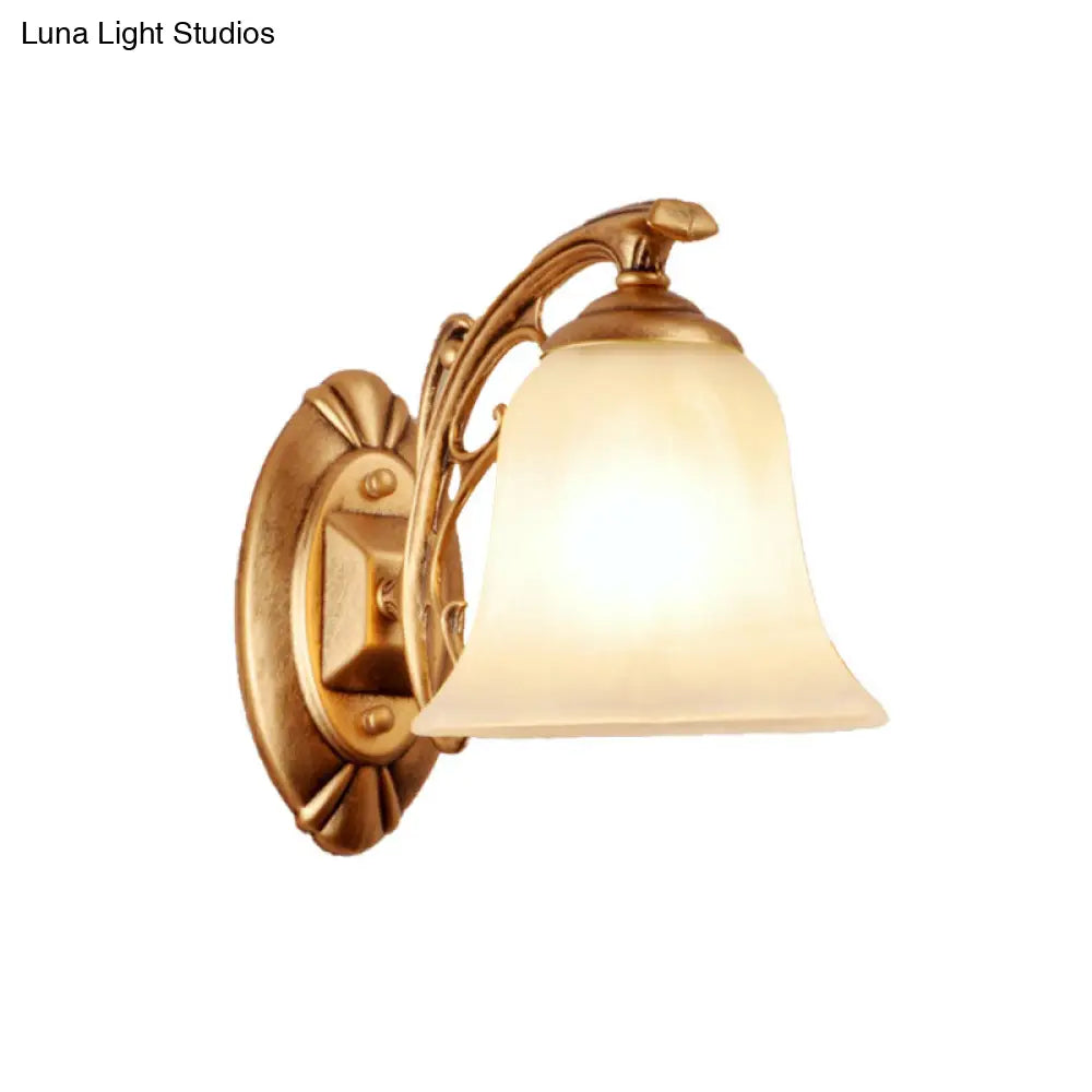 Traditional Gold Bell Wall Sconce With Frosted Glass Shade - 1-Light Metal Light For Living Room