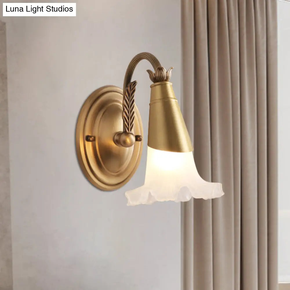 Traditional Gold Cone Vanity Lighting - White Glass 1/2/3-Head Bathroom Wall Lamp With Lettuce Trim