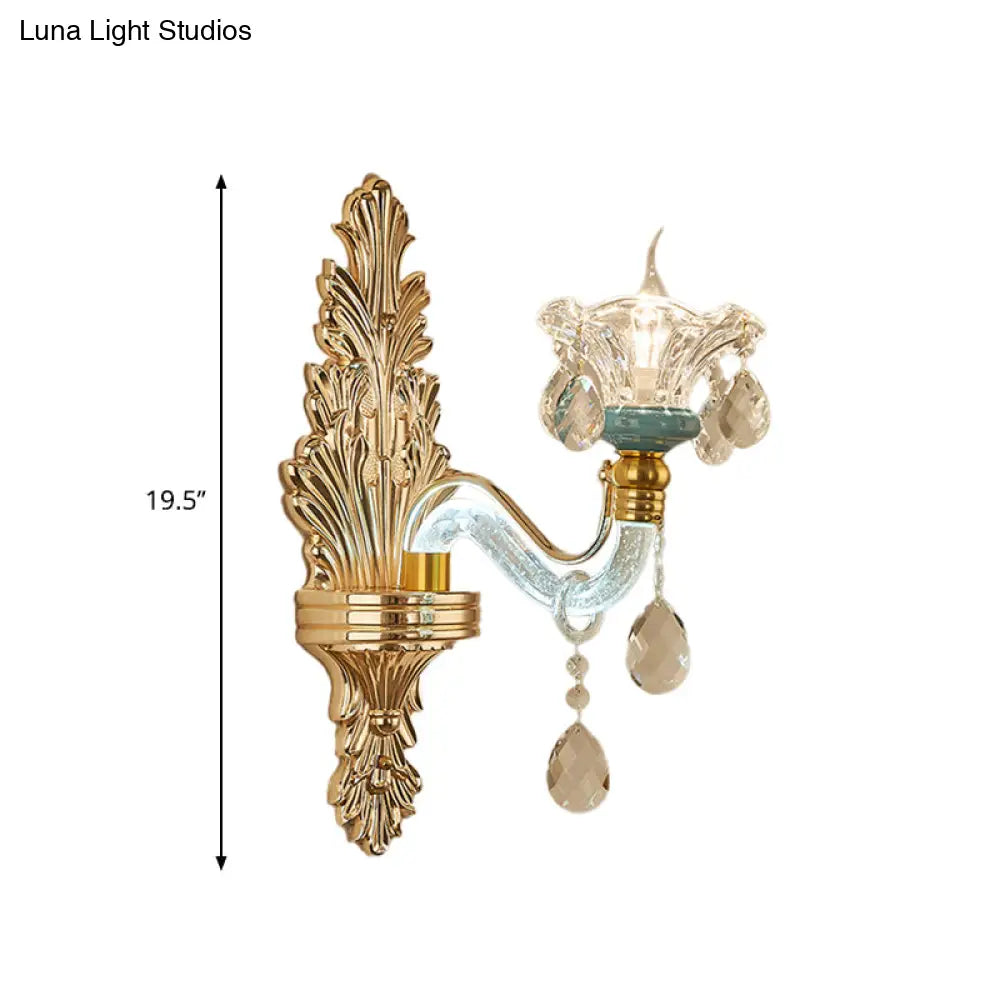Traditional Gold Floral Wall Sconce With Clear Glass Fixture For Living Room