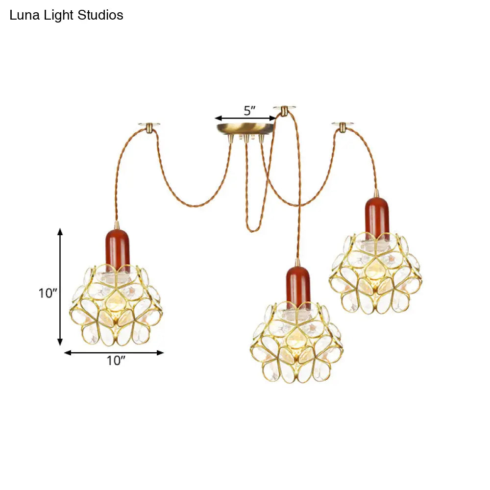 Traditional Gold Flower Bedroom Pendant Light - 2/3/4-Head Clear Water Glass Swag Lamp