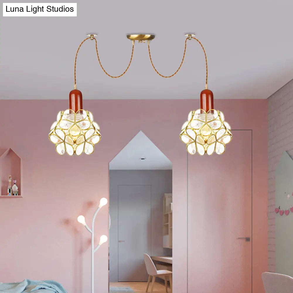 Traditional Gold Flower Bedroom Pendant Light - 2/3/4-Head Clear Water Glass Swag Lamp