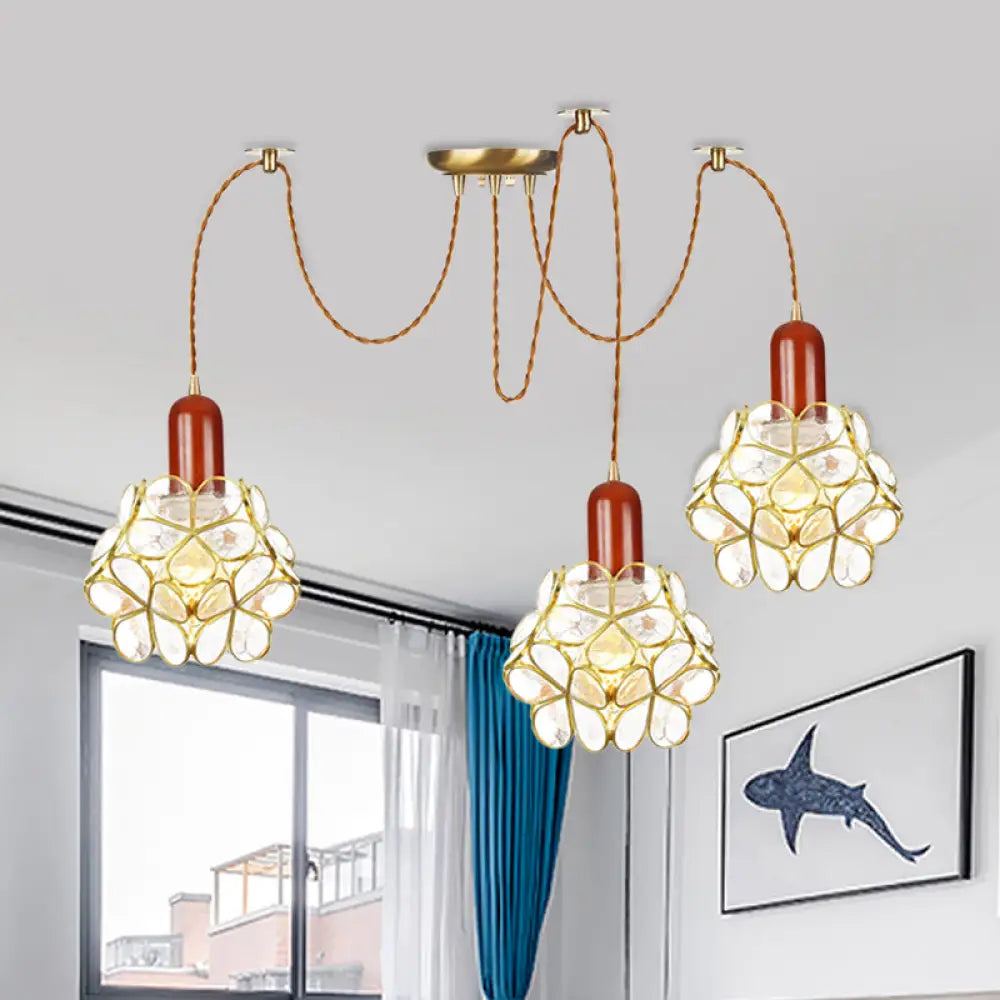 Traditional Gold Flower Bedroom Pendant Light - 2/3/4-Head Clear Water Glass Swag Lamp 3 /