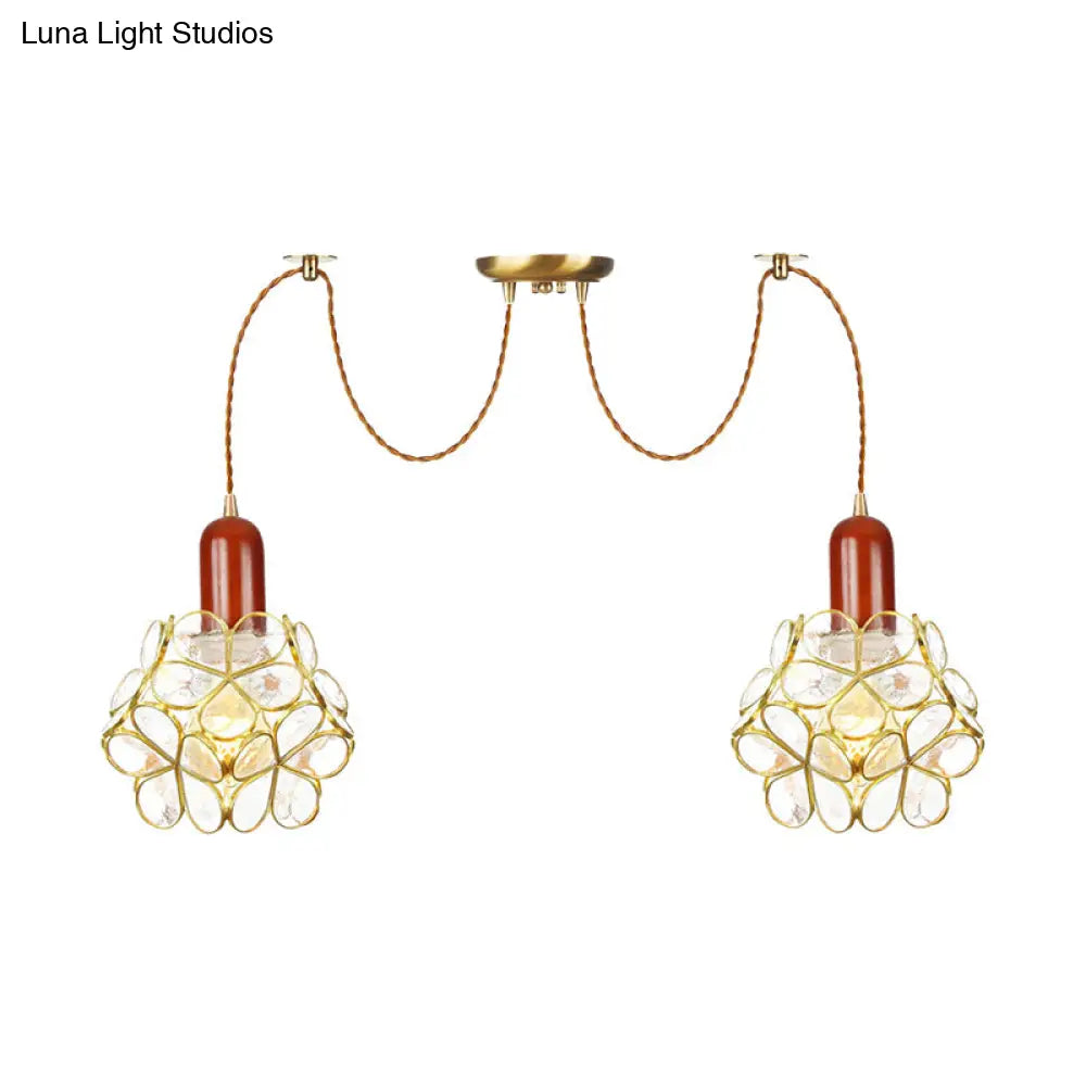 Traditional Gold Flower Bedroom Pendant Light - 2/3/4-Head Clear Water Glass Swag Lamp
