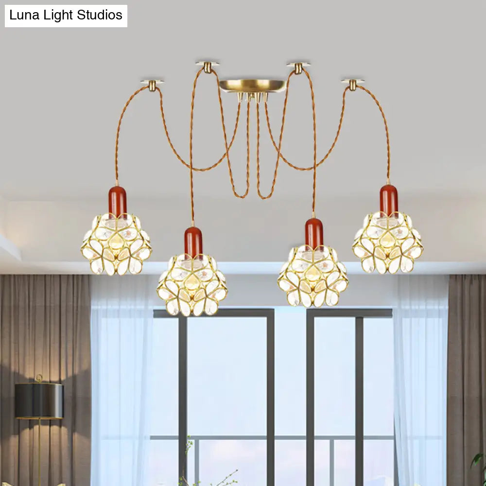 Traditional Gold Flower Bedroom Pendant Light - 2/3/4-Head Clear Water Glass Swag Lamp