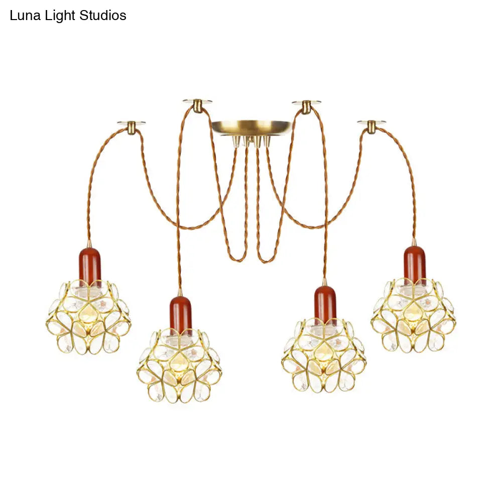 Traditional Gold Flower Bedroom Pendant Light - 2/3/4-Head Clear Water Glass Swag Lamp