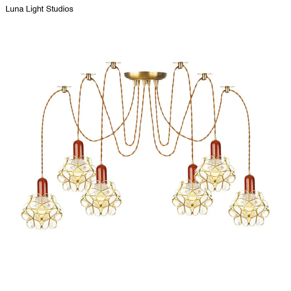Traditional Gold Flower Bedroom Pendant Light - 2/3/4-Head Clear Water Glass Swag Lamp