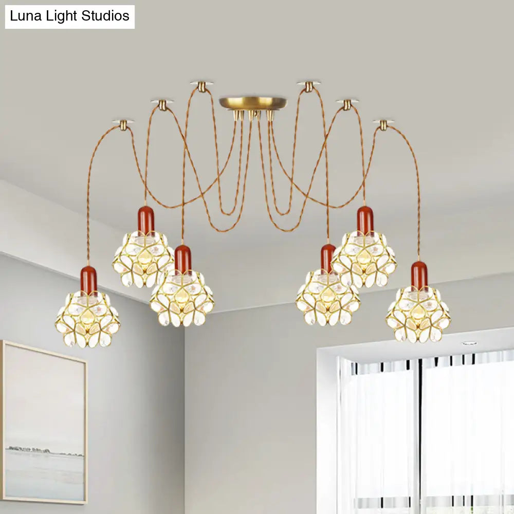 Traditional Gold Flower Bedroom Pendant Light - 2/3/4-Head Clear Water Glass Swag Lamp