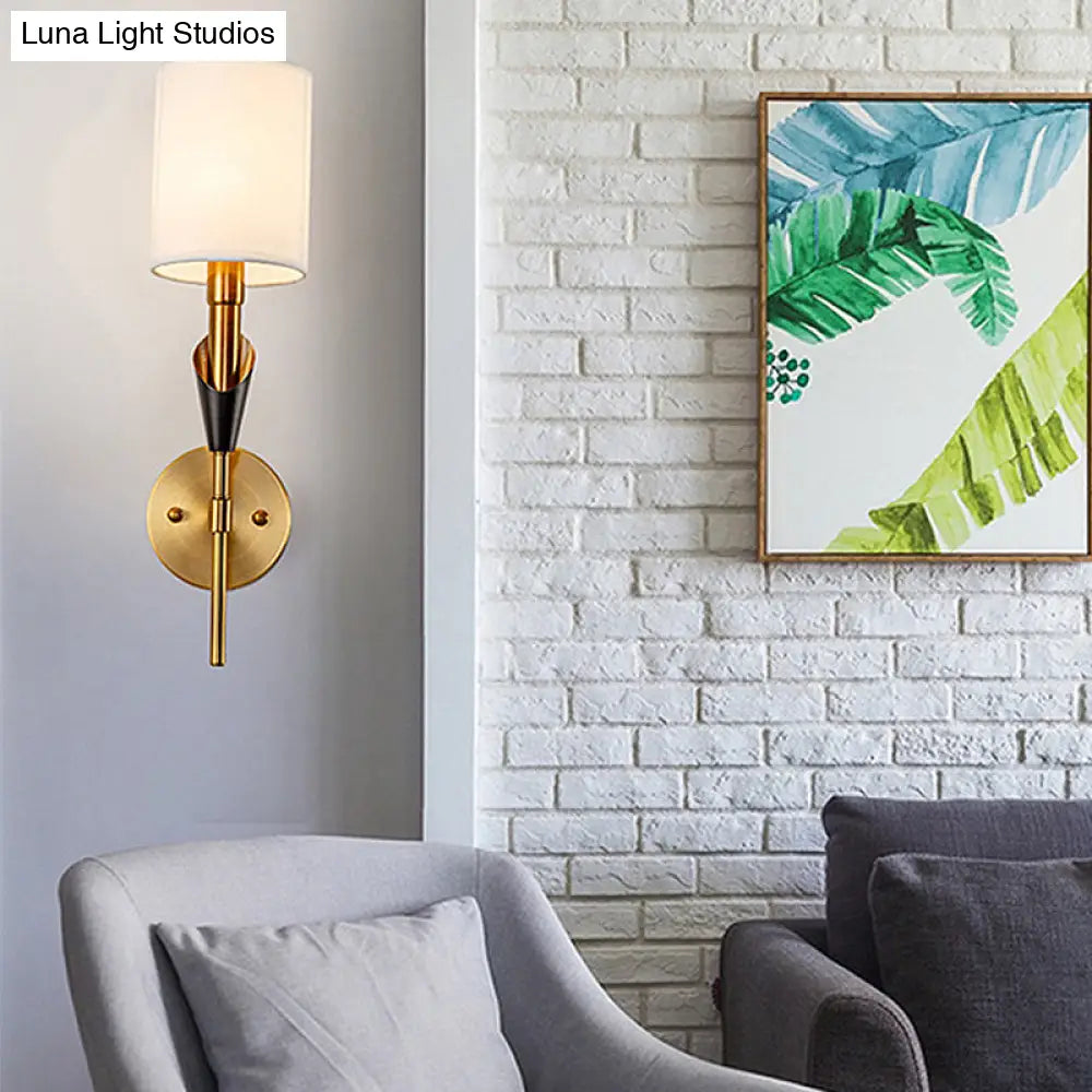 Traditional Gold Metal Wall Sconce Light With Fabric Shade - Cylinder Design