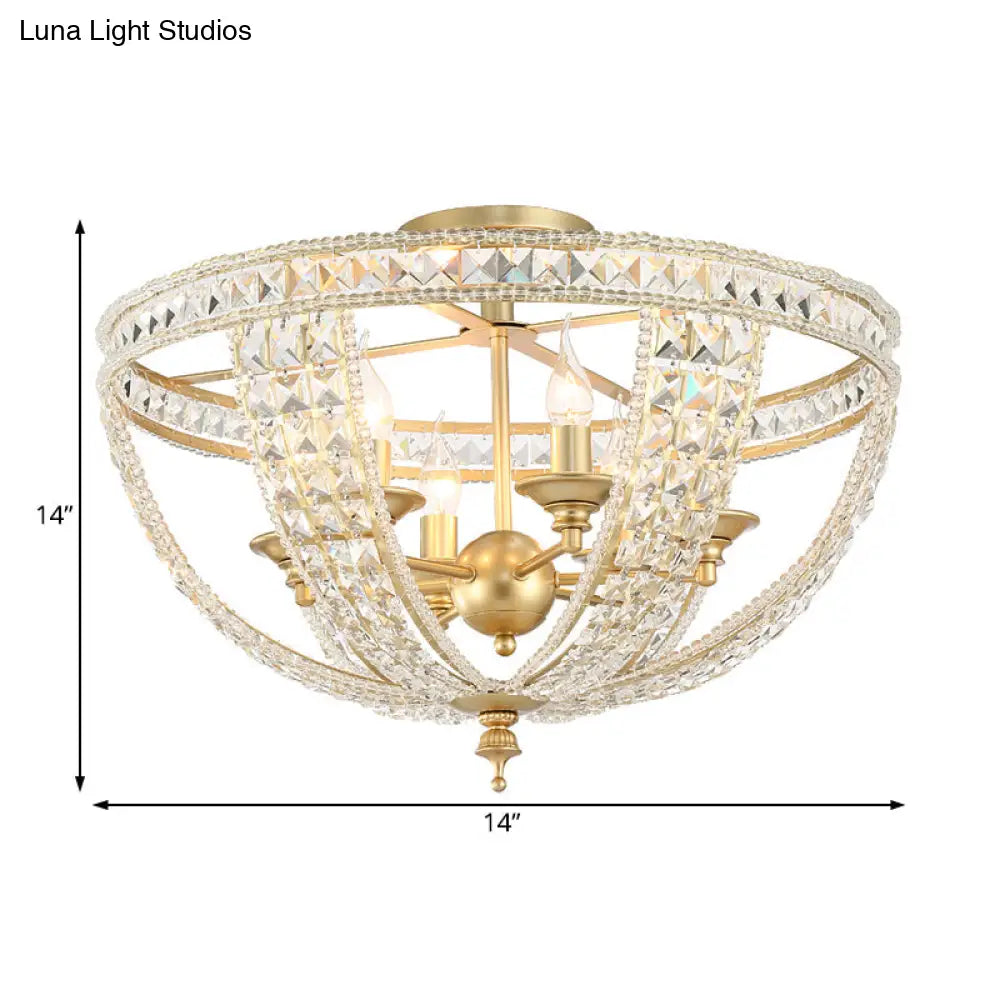 Traditional Gold Semi Flush Mount Ceiling Light With Crystal Strands - 3-Lights